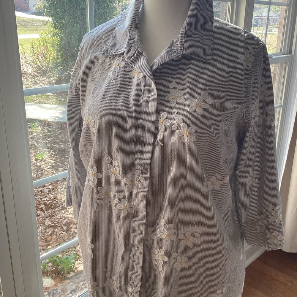 Alfred Dunner Beige & White Striped Button-Down Shirt with Floral Embroidery